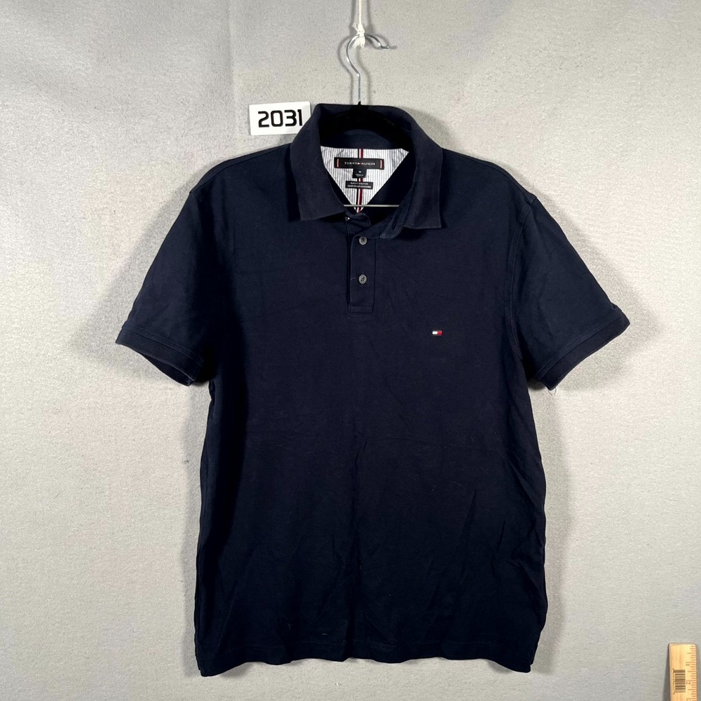 Tommy Hilfiger Polo Shirt Mens Medium Navy Blue Stretch Slim Fit Golf‎ Tennis
